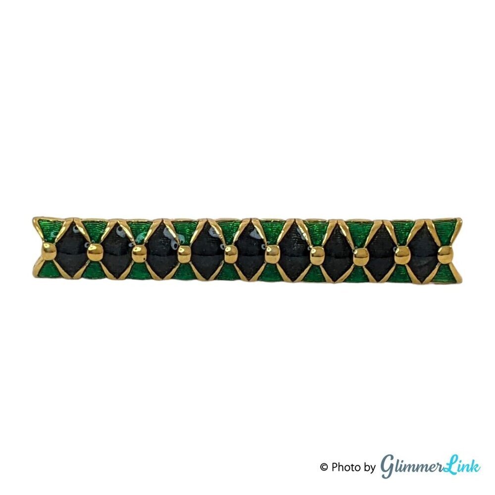 Vintage Green Black Enamel Geometric Gold Tone Bar Brooch